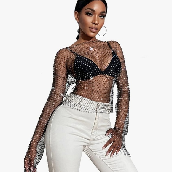Tops - Mesh long sleeve rhinestone top